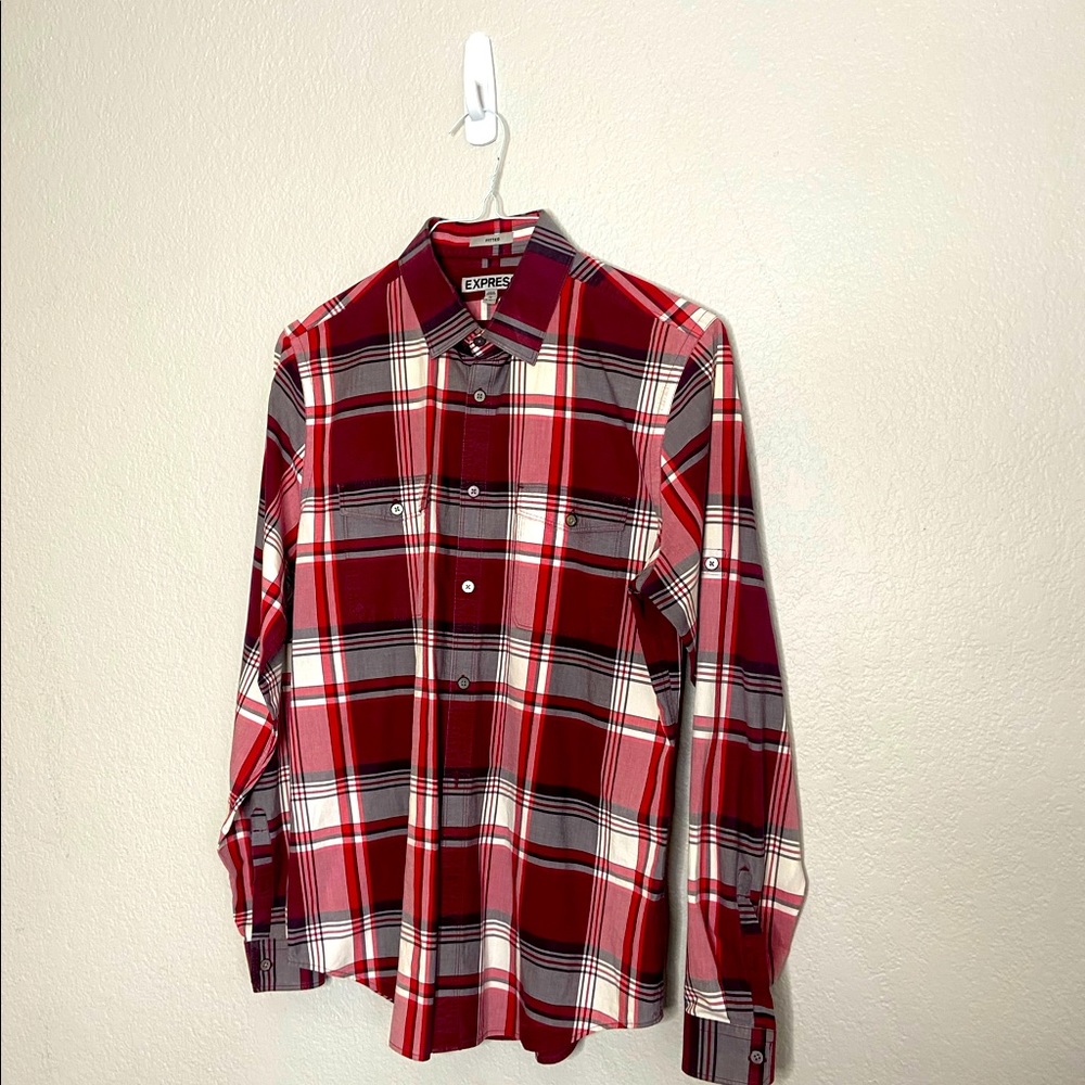 Express Men’s Red Plaid Shirt (Medium)